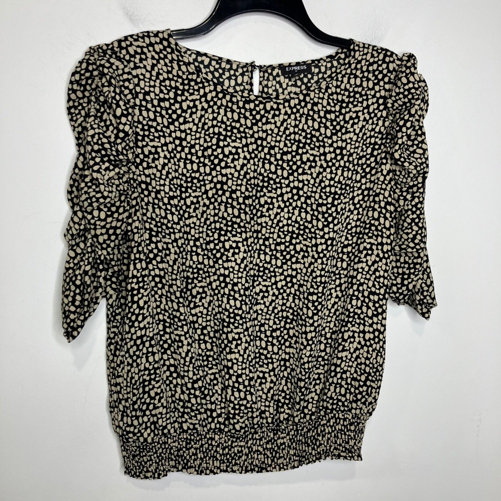 Express rouched sleeve‎ blouse black with tan dots women's size large business